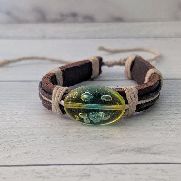 Adjustable Brown & Cream Bracelet with Yellow and Teal Accent - Picture 1 of 8